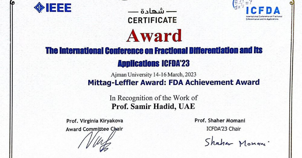 Dr. Samir Hadid wins the Mangus Gosta-Mittag-Leffler Award